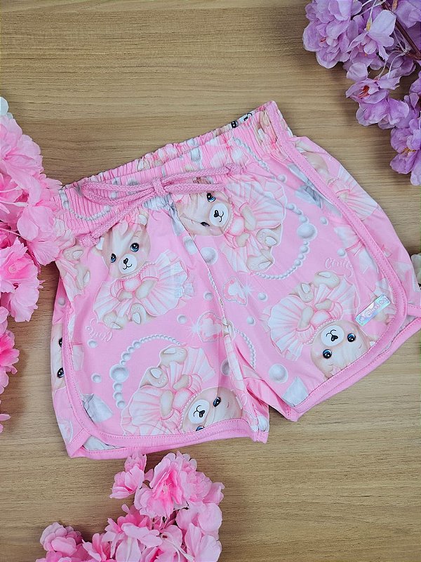 Short em Microfibra Rosa Ursinho Cinti