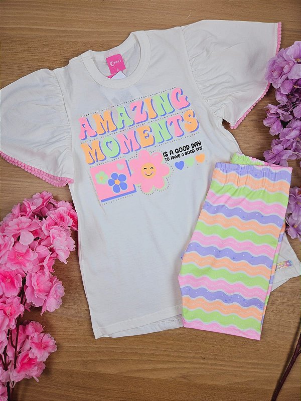 Conjunto Blusão Alongado e Short Ciclista Florzinha Feliz Cinti