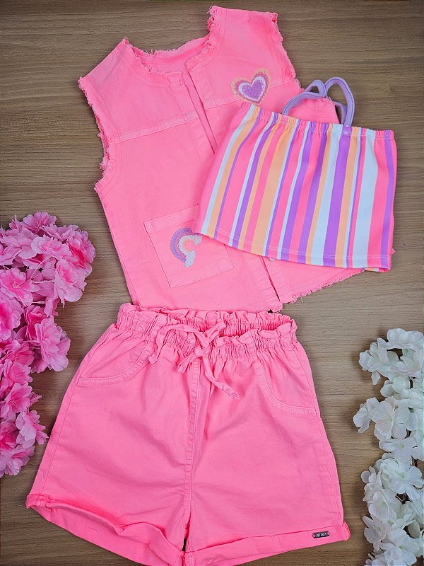 Trio de Cropped em Fly Tech com Colete e Shorts em Sarja Daryl com Elastano Rosa Infanti