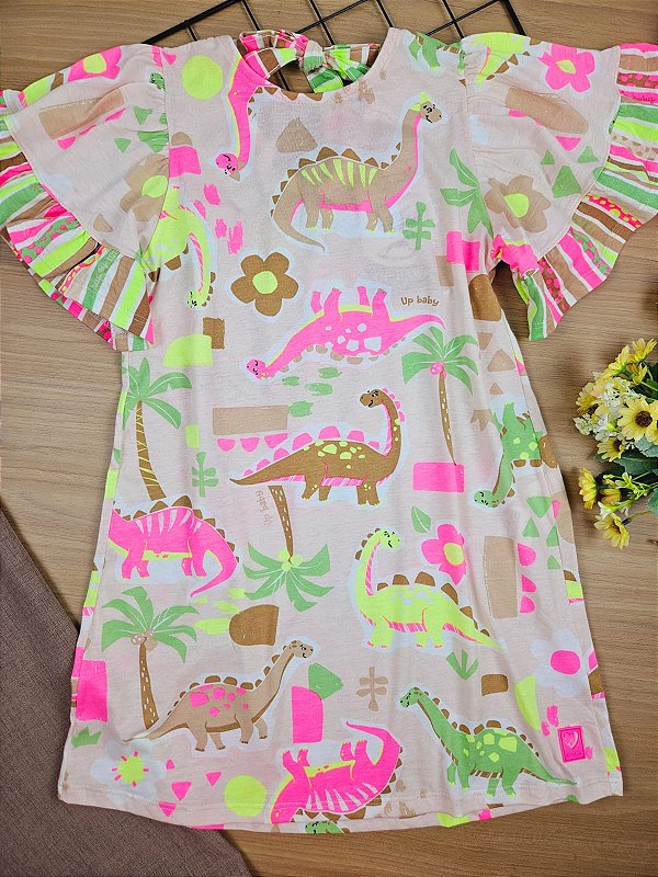 Vestido em Meia Malha Dino Rosa Up Baby