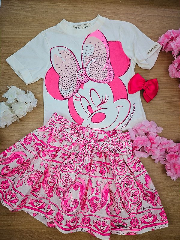 Conjunto Blusa e Saia com Shorts Embutido Minnie Rosa Animê