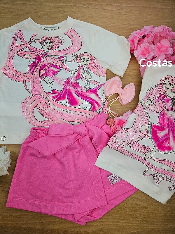 Conjunto Blusa e Short Saia Rosa da Rapunzel com Maxi Laço Animê