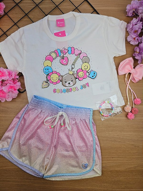 Conjunto Blusa Boxy e Shorts Colorido Com pulseira Cinti