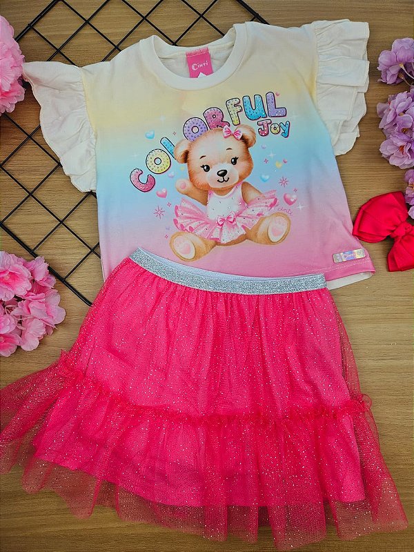 Conjunto Blusa Boxy e Short Saia Ursinha Colorida em Tule Cinti