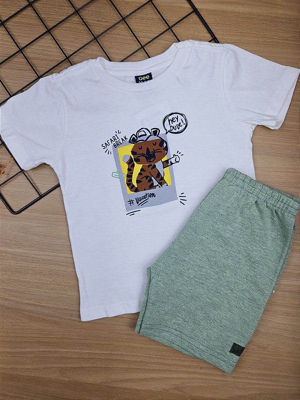 Conjunto Camiseta Malha e Bermuda Moletom Tigre Hey Dude Bee Loop