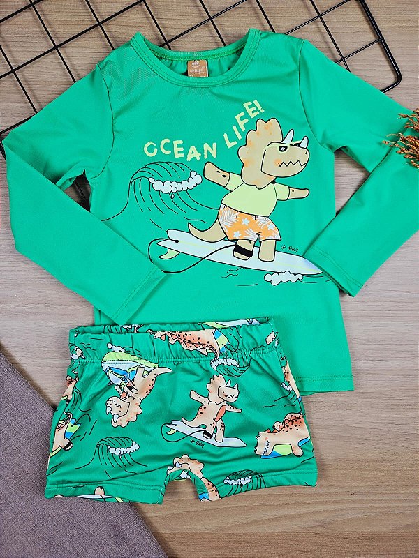 Conjunto Dino Camiseta e Sunga Boxer com Proteção Solar Verde Up Baby