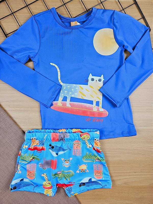 Conjunto Gatinho Camiseta e Sunga Boxer com Proteção Solar Azul Up Baby