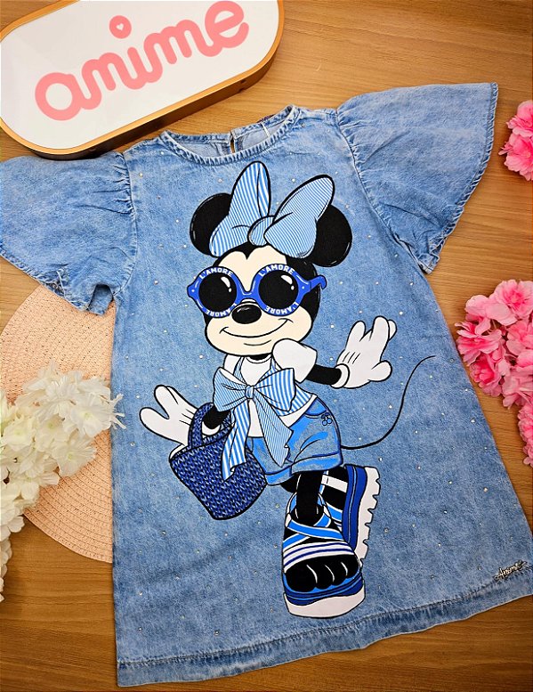 Vestido Jeans Minnie com Strass Disney Animê