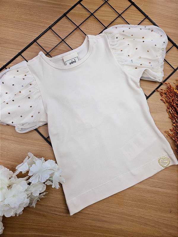 Blusa com Mangas Balonê Tule e Brilho Bege Animê