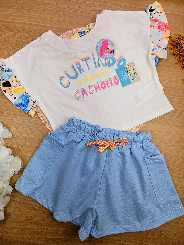Conjunto em Blusa Malha e Short em Moletom Cachorrinho Três e Já