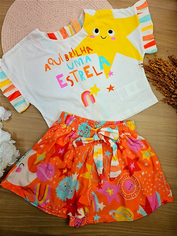 Conjunto Blusa em Malha e Short em Viscose Estrelinha Três e Já