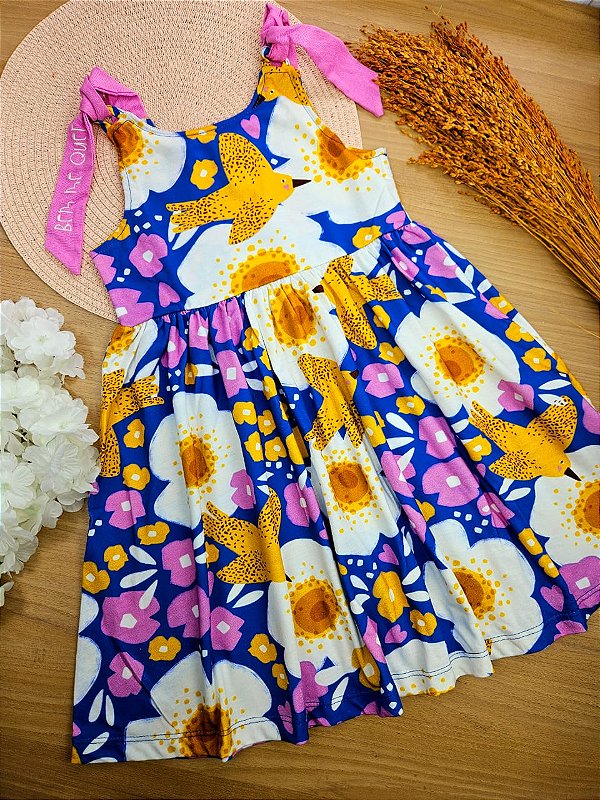Vestido em Meia Malha Azul Passarinho Três e Já