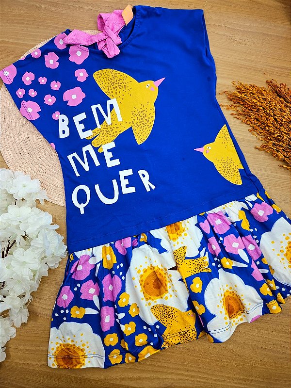 Vestido em Meia Malha Azul Passarinho Três e Já
