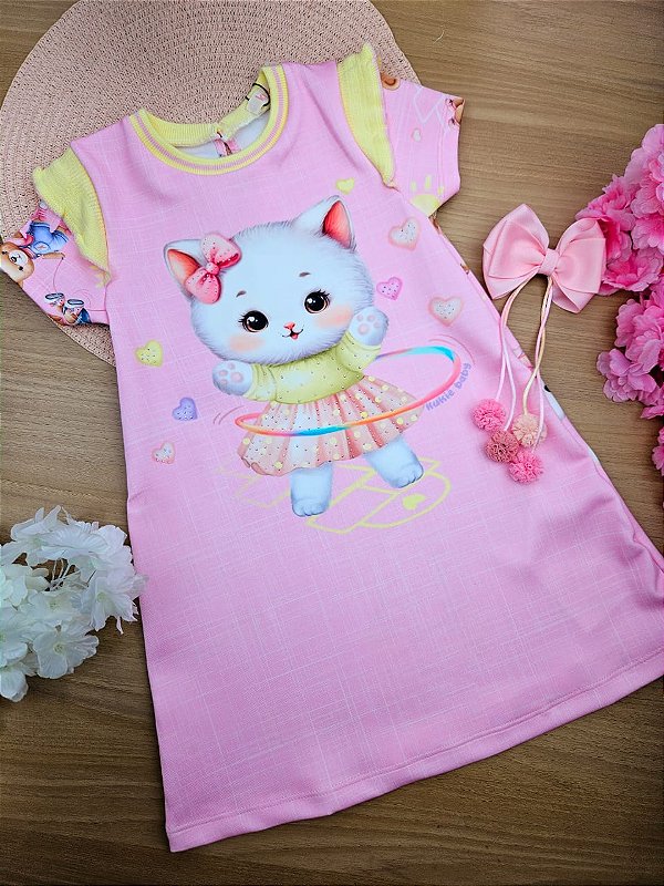 Vestido em Fly Tech Gatinha Rosa Kukiê