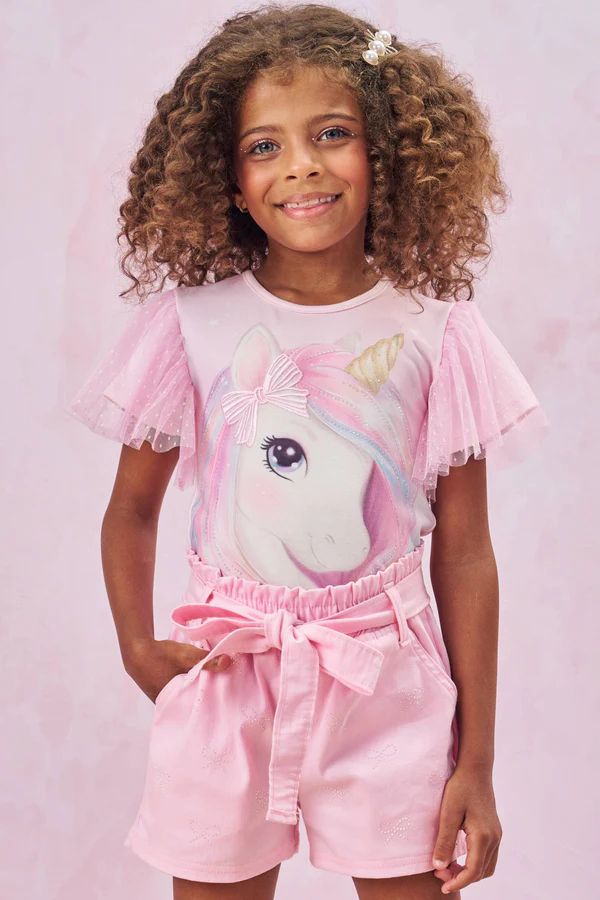 Blusa em Cotton e Tule Poá Rosa Unicórnio Kukiê
