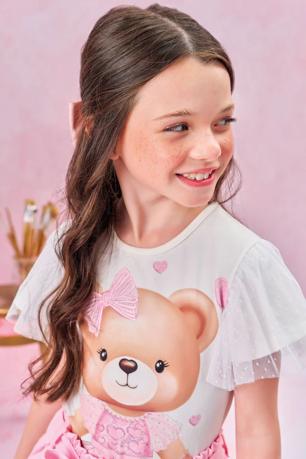 Blusa em Cotton e Tule Poá Off White Ursinho Kukiê
