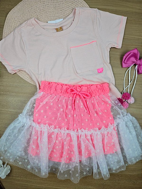 Conjunto Blusa e Short Saia Tule Estrelinhas Up Baby