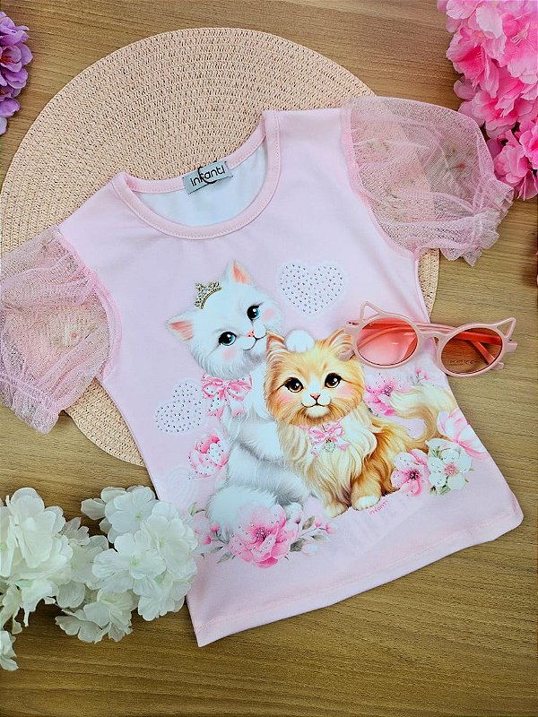 Blusa em Malha Power e Tule Rosa Infanti