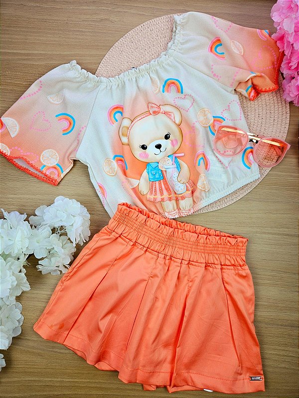 Conjunto de Blusa Boxy em Visco Twill e Short Saia em Tecido Glow Infanti