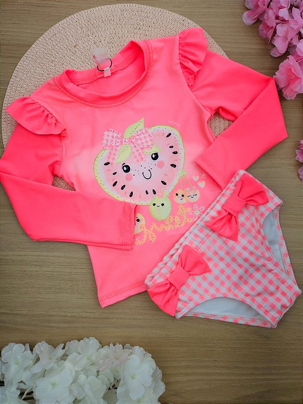 Conjunto de Blusa e Calcinha em Malha Uv Dry com Proteção Uv 50+ Frutas Infanti