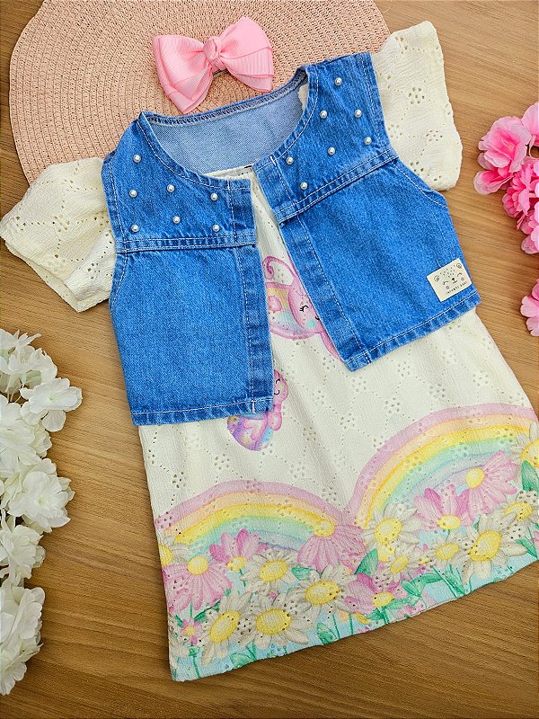 Vestido em Malha Laise com Colete em Jeans Arkansas Infanti