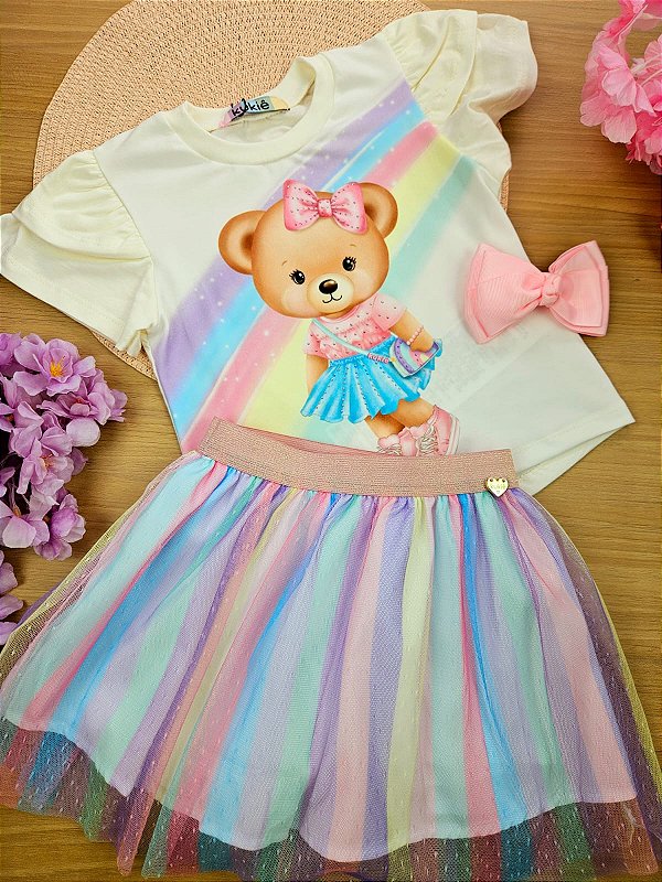 Conjunto de Blusa em Meia Malha e Saia em Tule Sublimado Kukiê