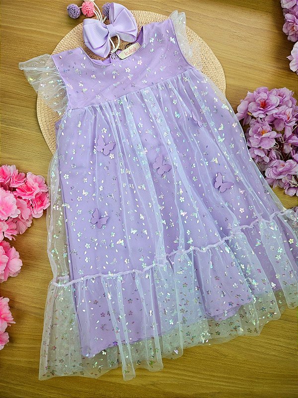 Vestido em Nylon e Tule Borboletas Kukiê