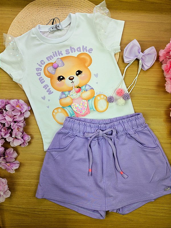 Conjunto de Blusa em Meia Malha e Short Saia em Molevisco Lilás Kukiê