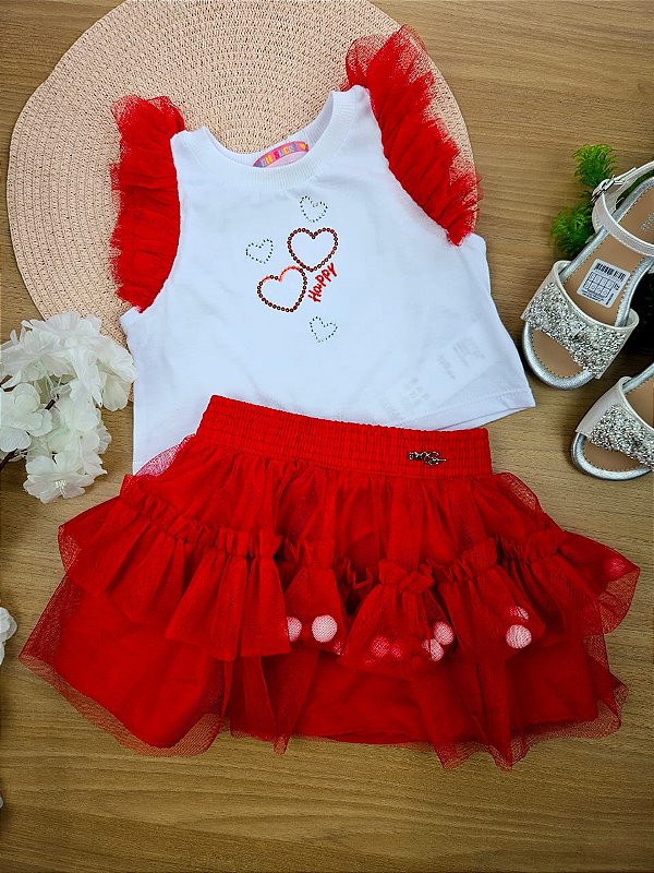 Conjunto Blusa e Saia Corações Vermelho Mon Sucré