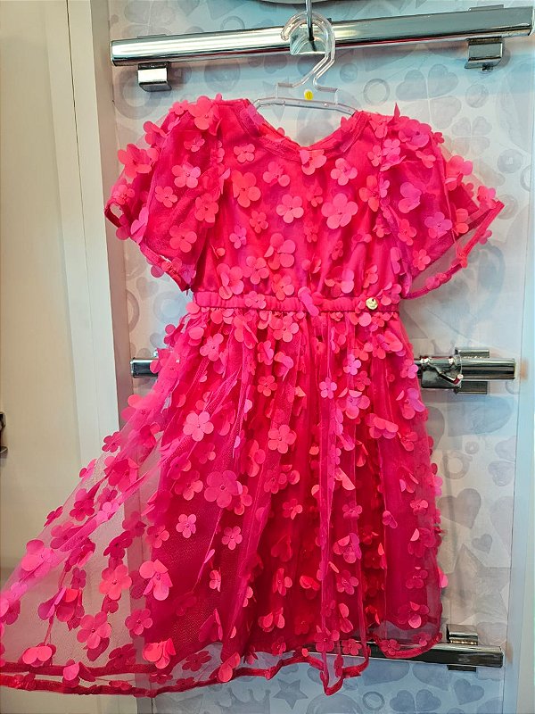 Vestido Pink de Tule com Flores 3D Animê