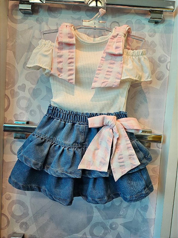 Conjunto Blusa Canelada Laços Xadrez Vichy e Saia Jeans Animê