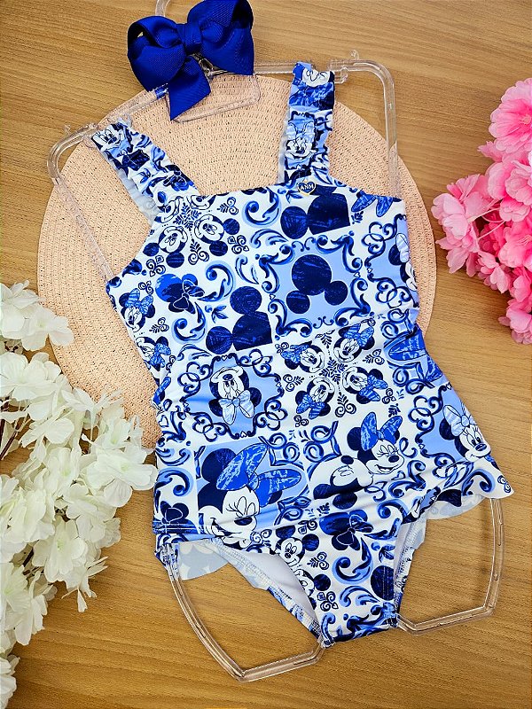 Maiô Azul com Azulejos da Minnie Mouse Disney Animê