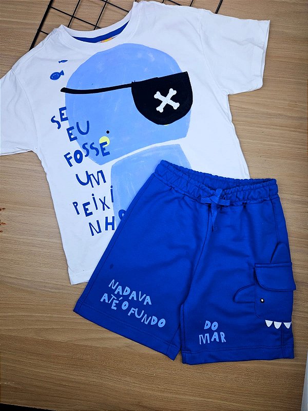 Conjunto Camiseta e Bermuda Moletom sem Felpa Mar Três e Já