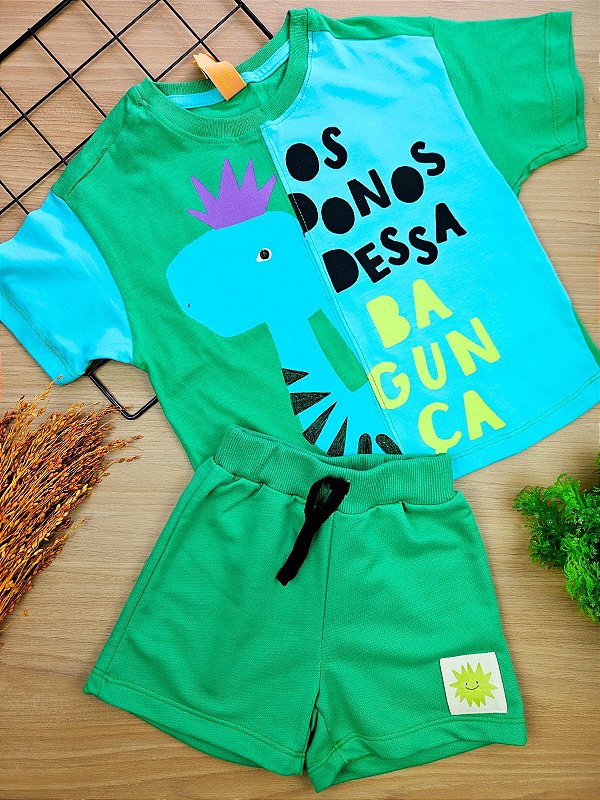 Conjunto Camiseta e Bermuda Moletom sem Felpa Dino Três e Já