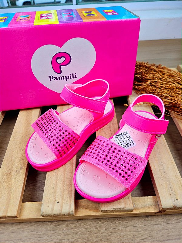 Sandália Papete Infantil Pampili Petit Glitter e Strass Pink Fluor