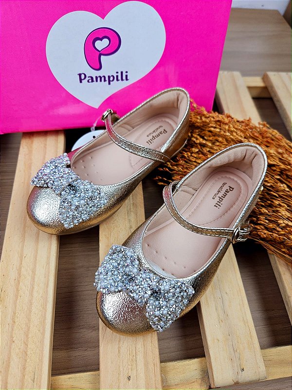 Sapatilha Infantil Pampili Bailarina Laço de Strass e Pérolas Dourada