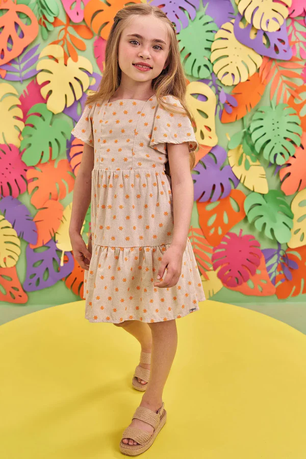 Vestido em Linho Bordado Flores Infanti