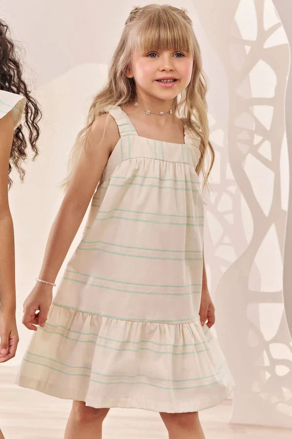 Vestido em Tecido Linho Listrado Infanti