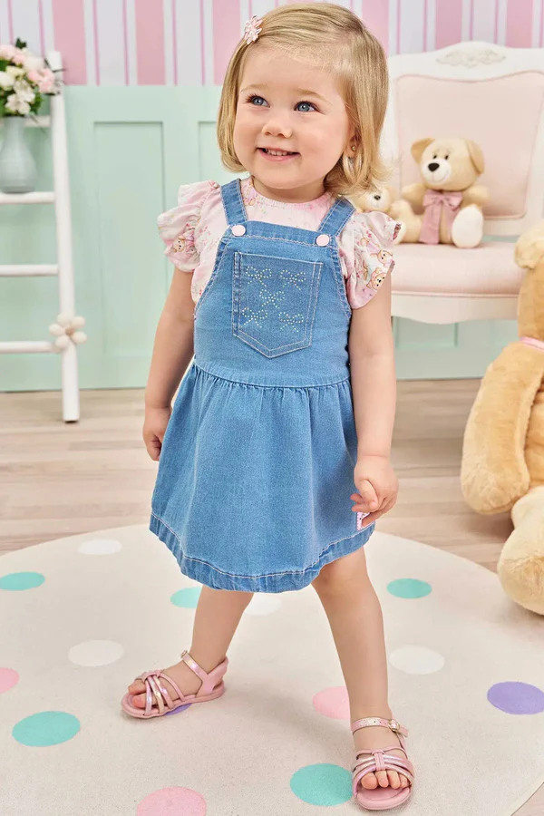 Conjunto de Body em Viscose e Salopete em Jeans Liz com Elastano Infanti