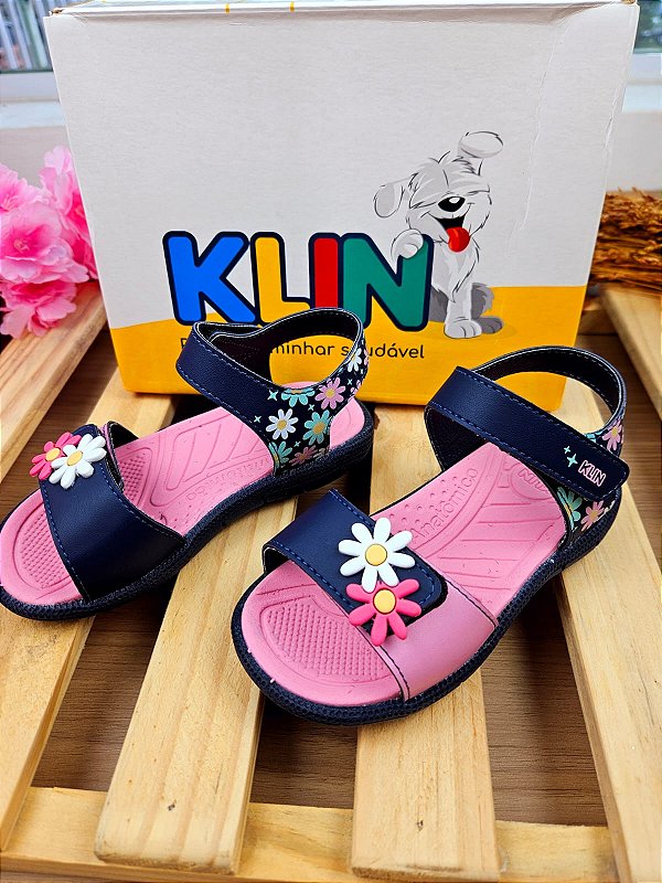 Sandália Papete Feminina Infantil Klin Tic Tac Mini Flores Marinho