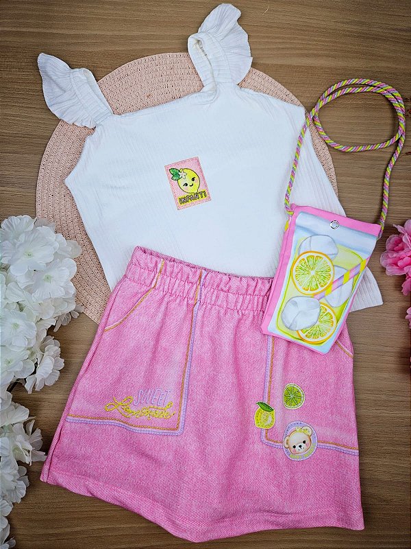 Conjunto de Blusa em Canelado Maui Short Saia em Molecotton e Bolsa em Super Cetim Infanti
