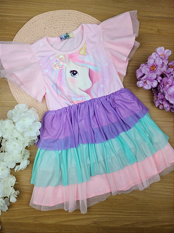 Vestido em Cotton e Tule Unicórnio Kukiê