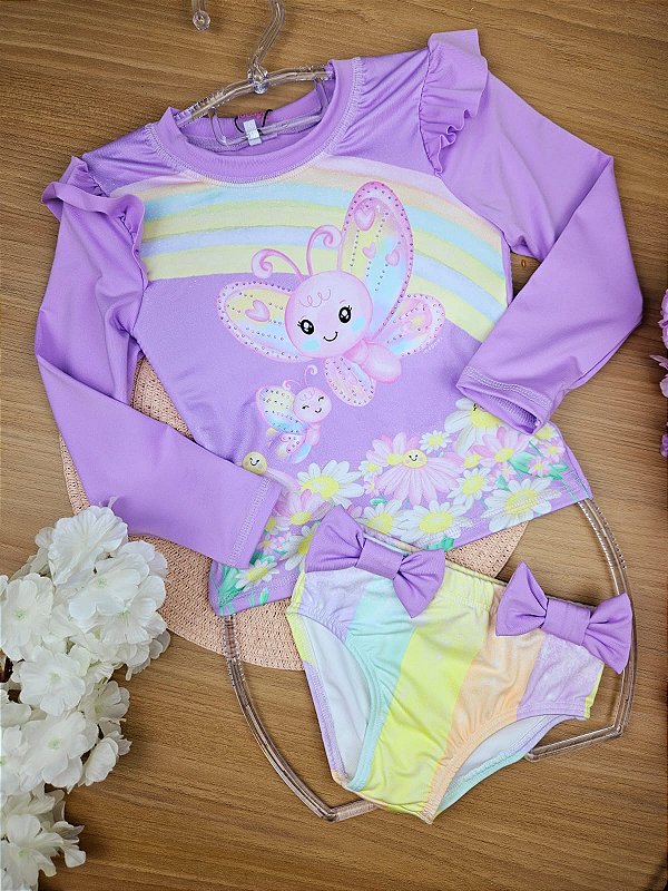 Conjunto de Blusa e Calcinha em Malha Uv Dry com Proteção Uv 50+ Borboleta Infanti