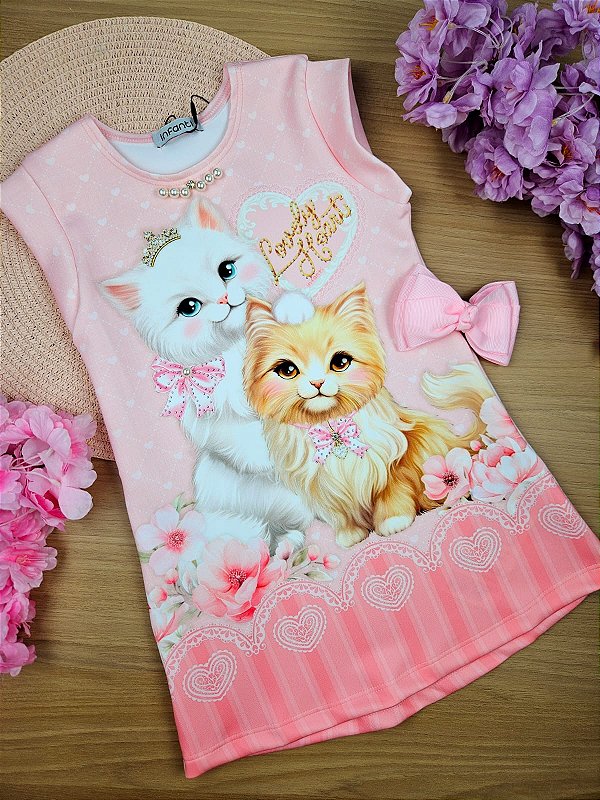 Vestido em Fly Tech Gatinhas Infanti