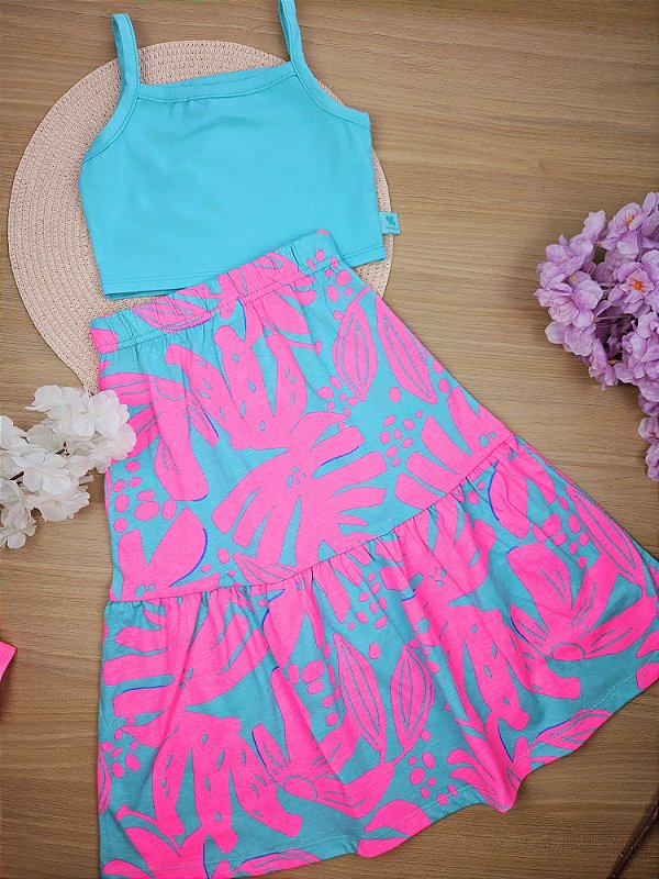 Conjunto Cropped e Saia Azul Piscina Bee Loop