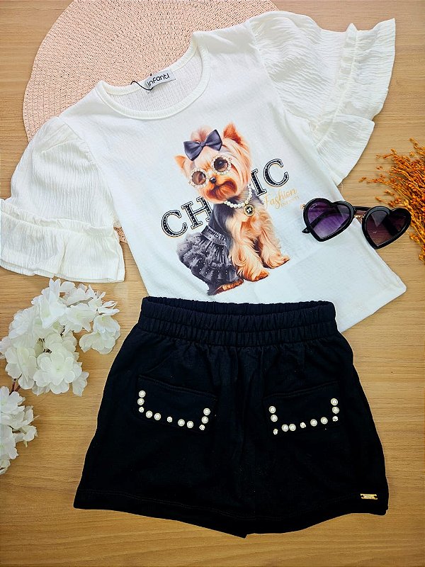 Conjunto de Blusa em Malha Wave e Short Saia em Molevisco Infanti