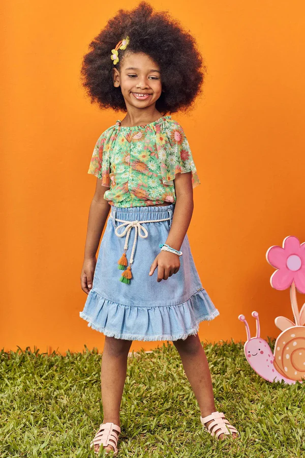 Conjunto de Blusa Boxy em Tule e Saia em Jeans Arkansas Kukiê