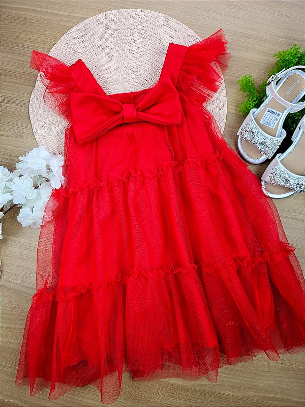 Vestido Vermelho Laço Tule Natal Mon Sucré