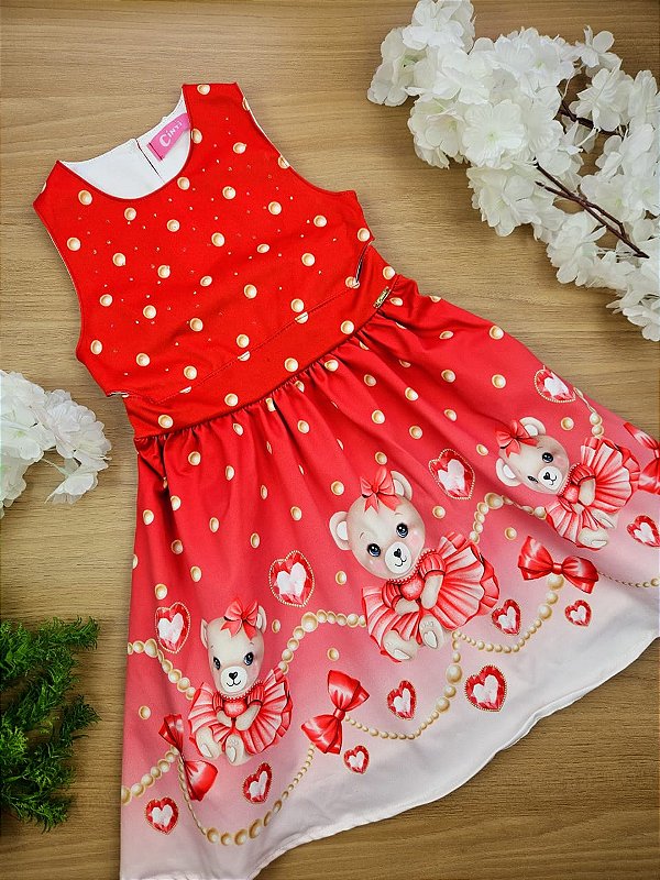 Vestido em Super Cetim Ursinhos Natal Cinti