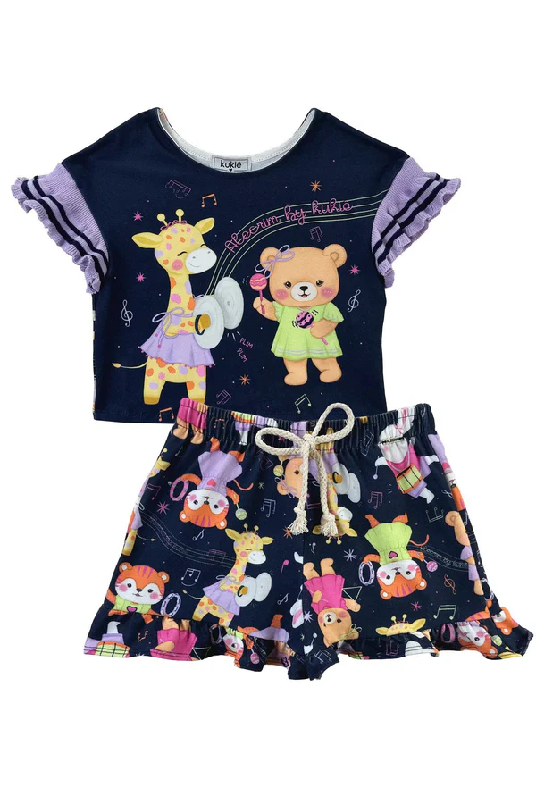 Conjunto de Cropped e Shorts em Malha Power Marinho Kukiê